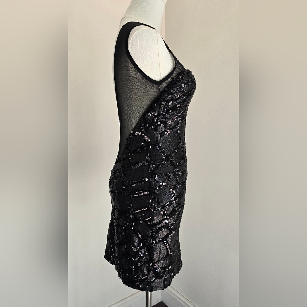 NWT Dress the Population Black Sequin Bodycon Mini Dress Mesh Neckline V Back XS - Picture 9 of 14